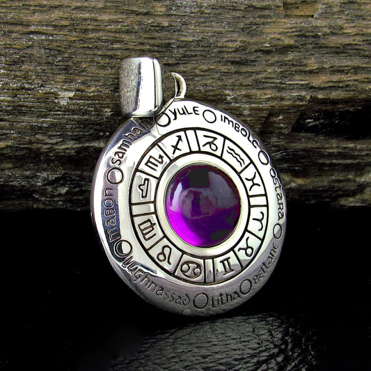 Solid 925 Sterling Silver Wheel of the Year Zodiac Pendant With Amethyst or Moonstone
