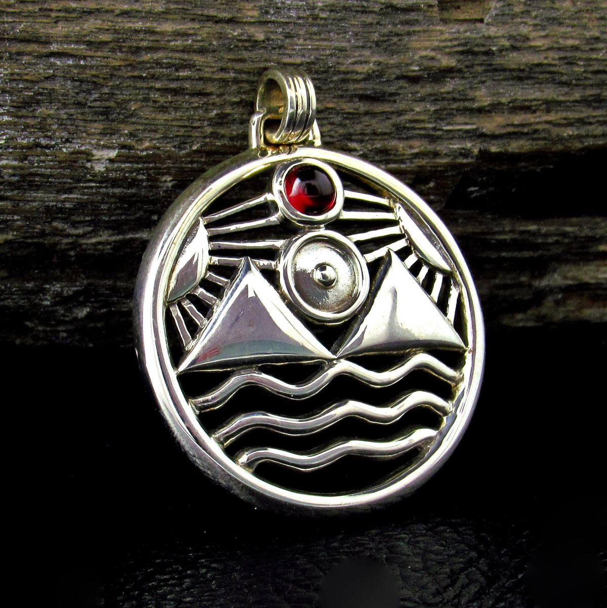 Solid 925 Sterling Silver Protection Talisman – Four Elements Pagan Pendant – Amethyst Garnet Moonstone