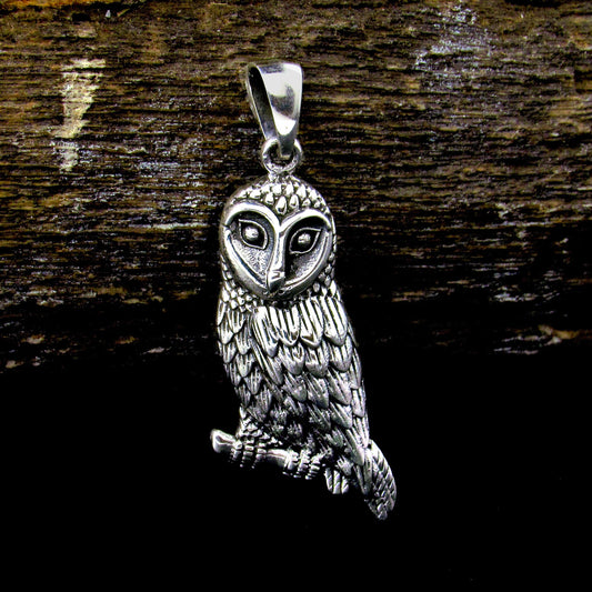 Solid 925 Sterling Silver Owl Pendant - Barn Owl Necklace Amulet - Nocturnal Bird Jewelry - Nature Charm for Her or Him - Symbol of Wisdom