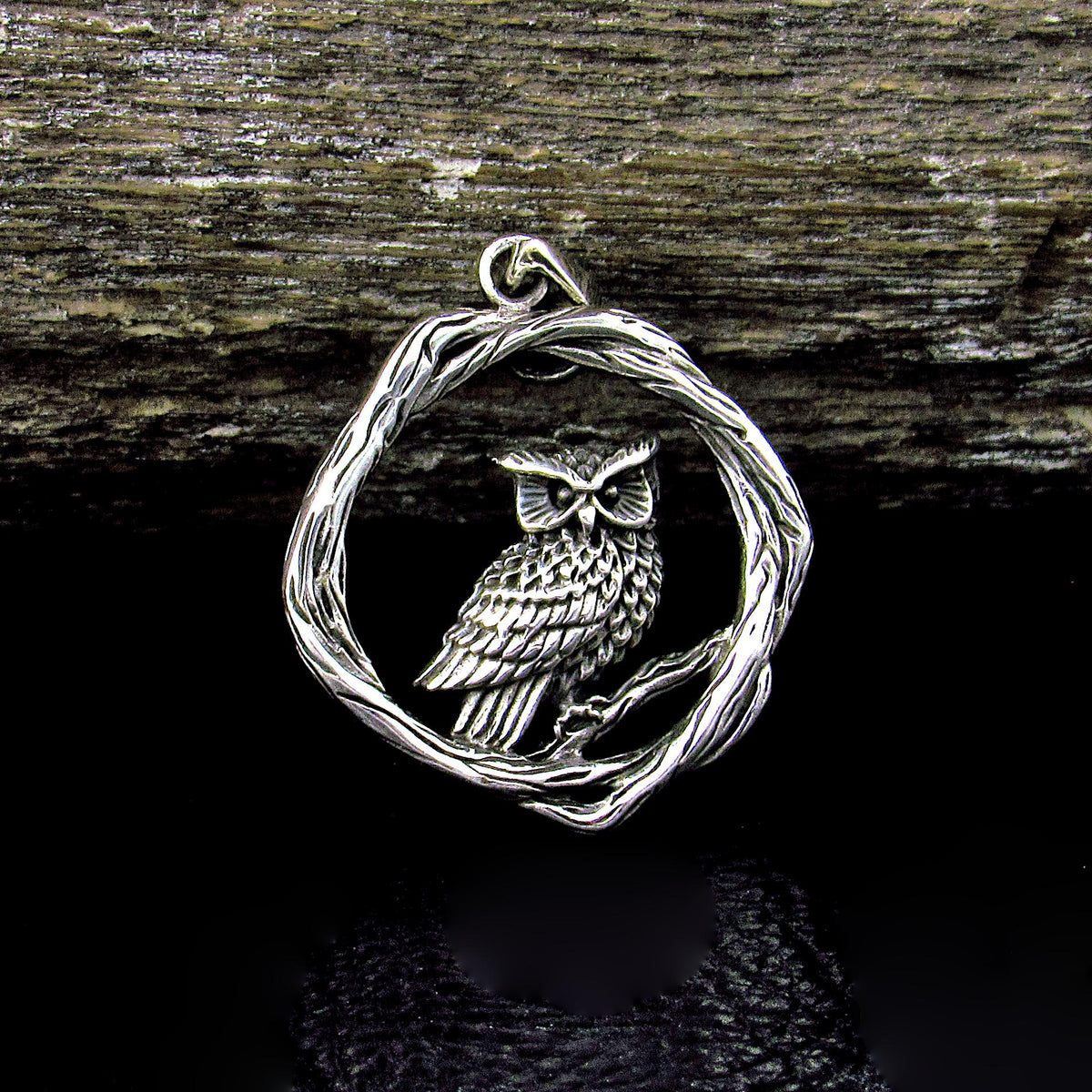 Solid 925 Sterling Silver Owl Pendant - Woodland Owl Perched on Twisted Branches Amulet