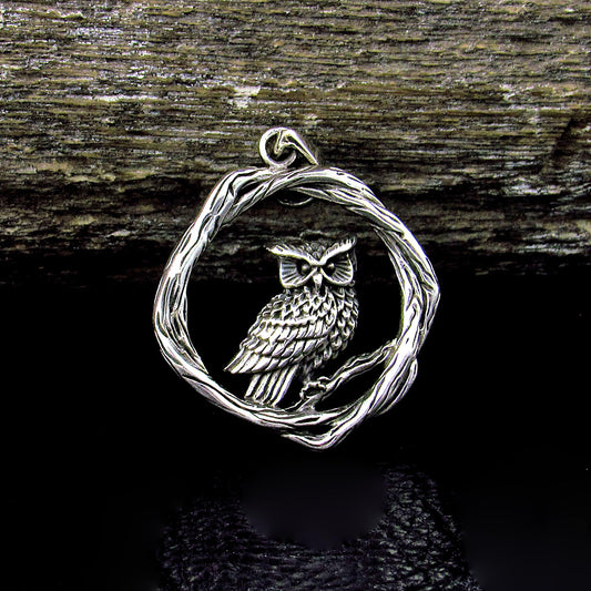 Solid 925 Sterling Silver Owl Pendant - Woodland Owl Perched on Twisted Branches Amulet