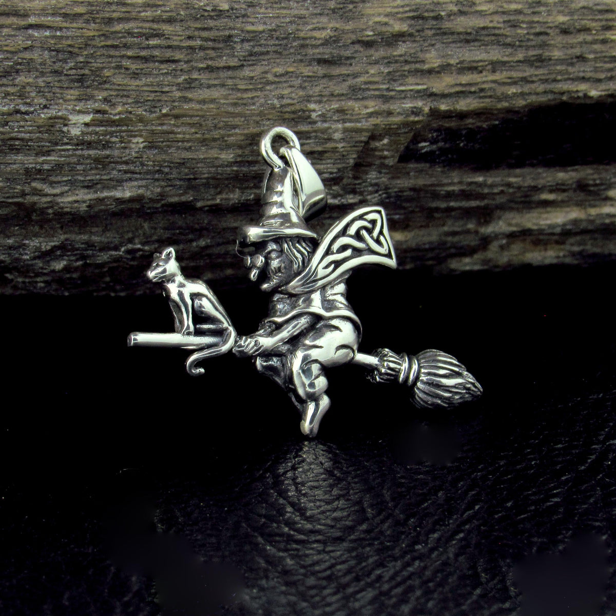 Solid 925 Sterling Silver Flying Witch on Broom with Cat Familiar Pendant, Gothic Jewelry