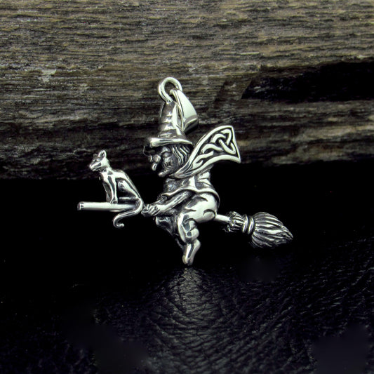 Solid 925 Sterling Silver Flying Witch on Broom with Cat Familiar Pendant, Gothic Jewelry