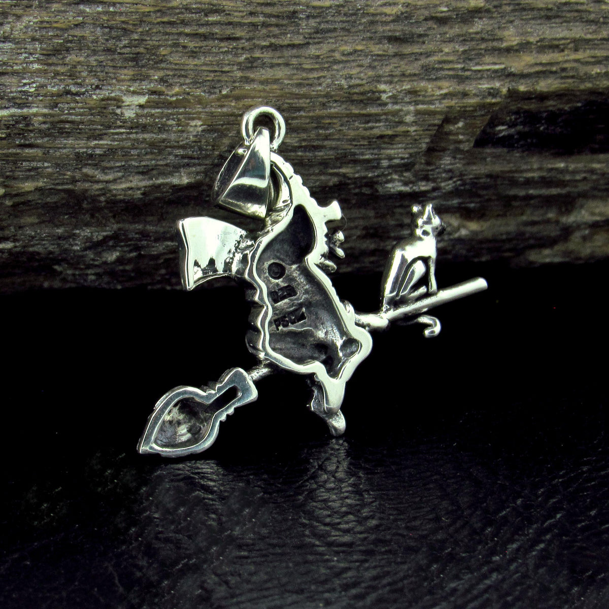 Solid 925 Sterling Silver Flying Witch on Broom with Cat Familiar Pendant, Gothic Jewelry