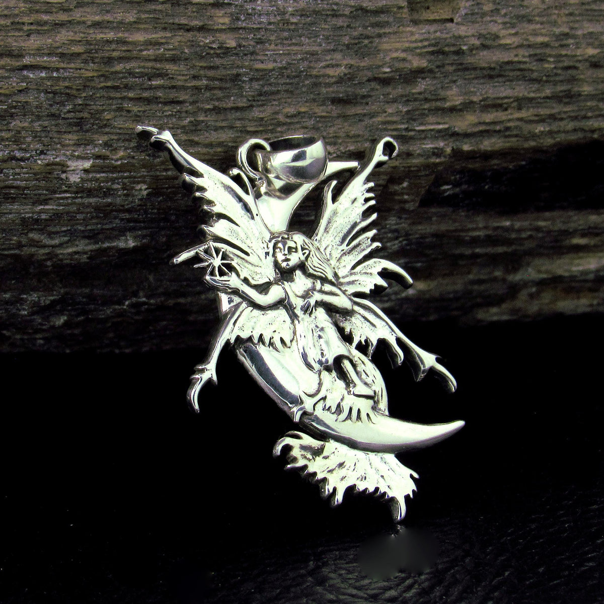 Solid 925 Sterling Silver Crescent Moon Fairy Pendant by Amy Brown, Gothic Art Jewelry