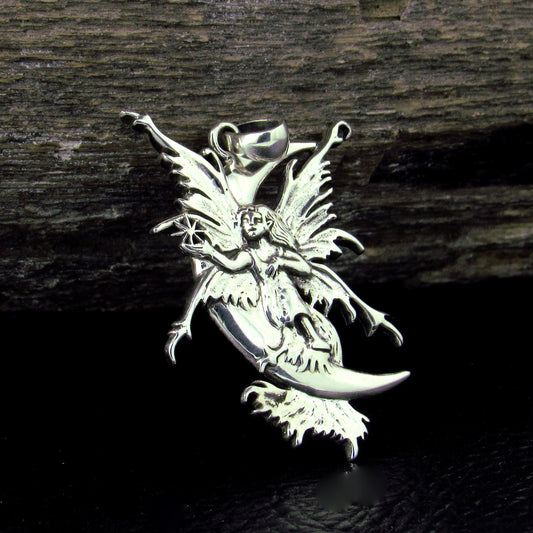 Solid 925 Sterling Silver Crescent Moon Fairy Pendant by Amy Brown, Gothic Art Jewelry