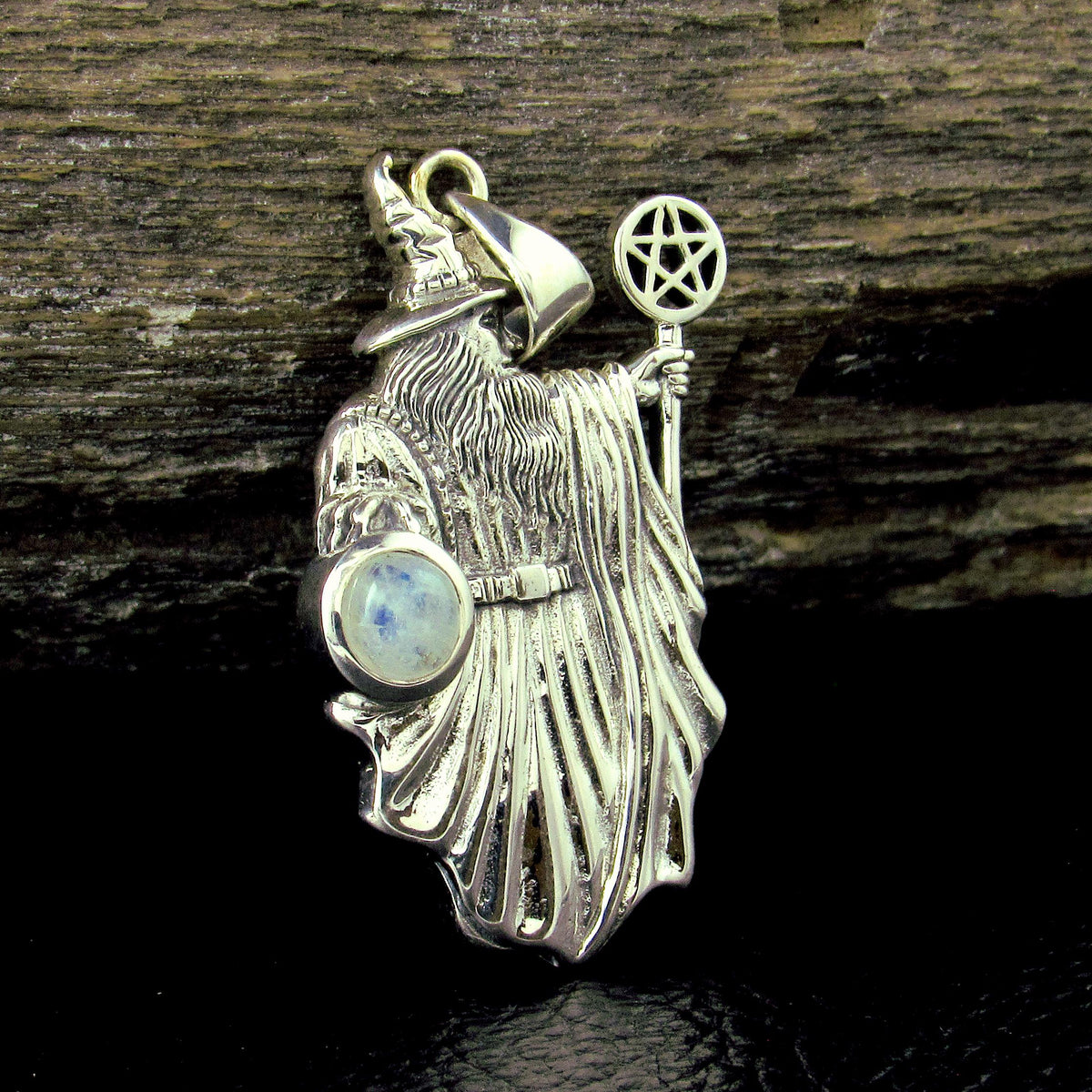 Solid 925 Sterling Silver Wizard Pentagram Pendant – Wiccan Amulet – Choose Amethyst, Garnet, Moonstone, Sapphire