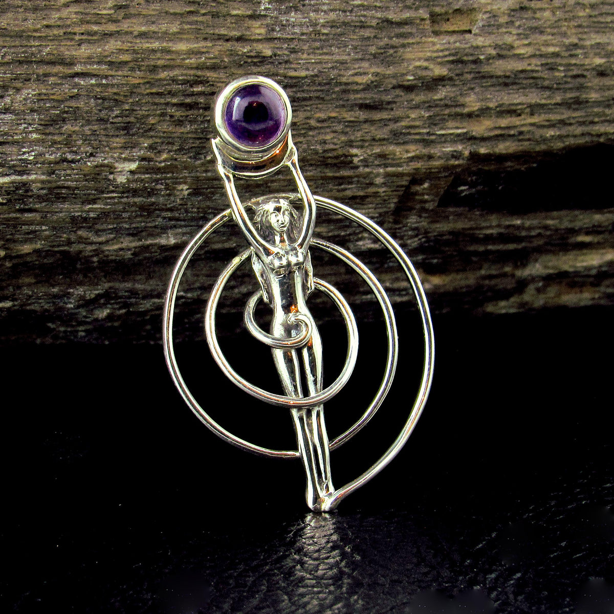 Solid 925 Sterling Silver Spiral Goddess Pendant – Fertility Goddess with Amethyst, Garnet, Moonstone, Topaz