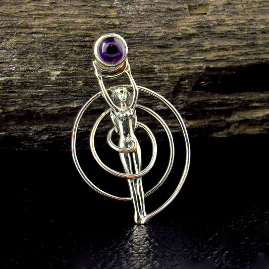 Solid 925 Sterling Silver Spiral Goddess Pendant – Fertility Goddess with Amethyst, Garnet, Moonstone, Topaz