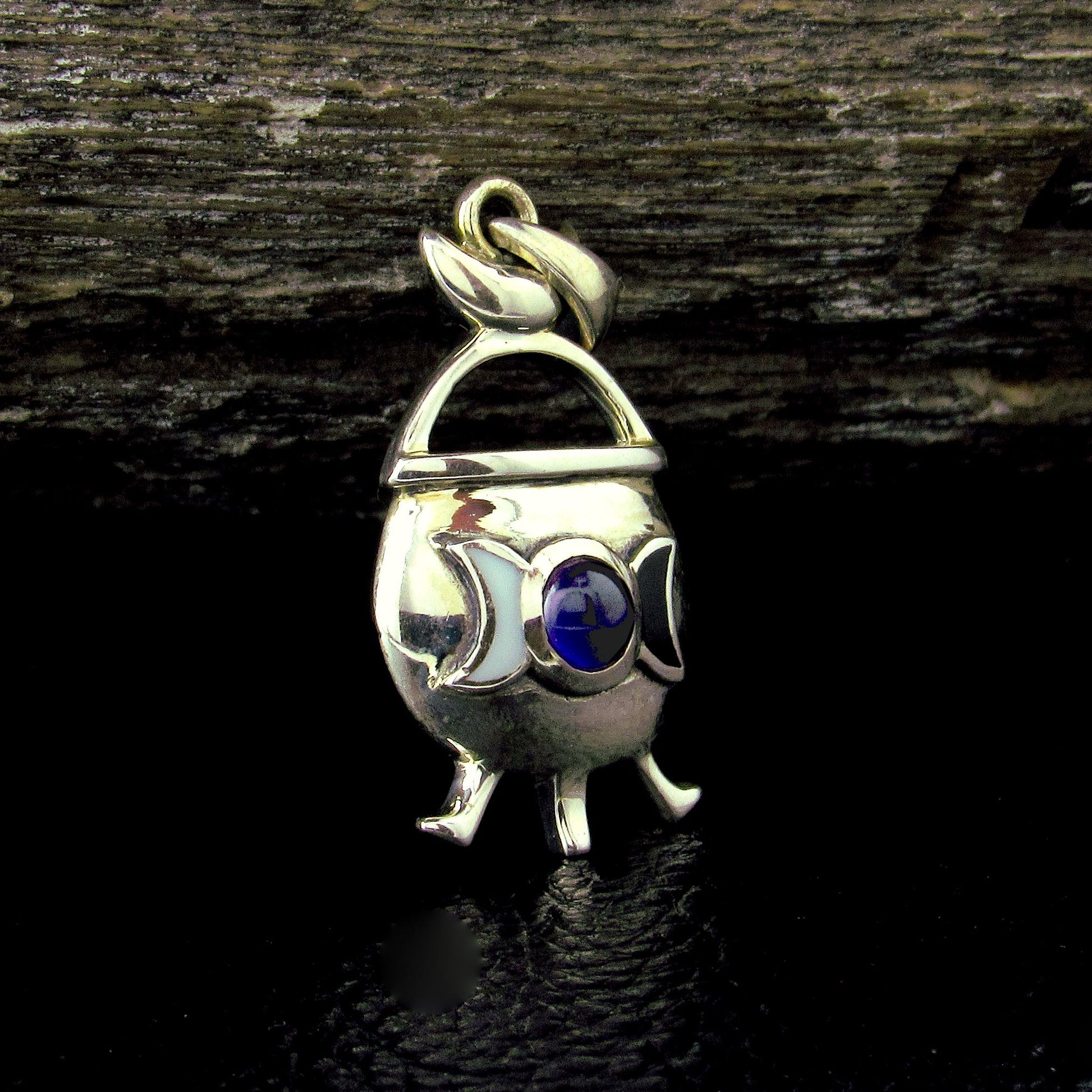 Solid 925 Sterling Silver Witch Cauldron Triple Moon Pendant, Choose Amethyst, Garnet, Moonstone, Topaz