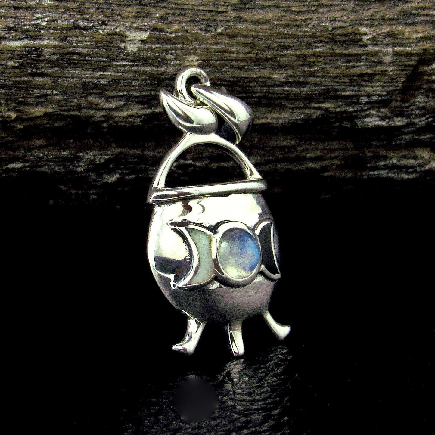 Solid 925 Sterling Silver Witch Cauldron Triple Moon Pendant, Choose Amethyst, Garnet, Moonstone, Topaz
