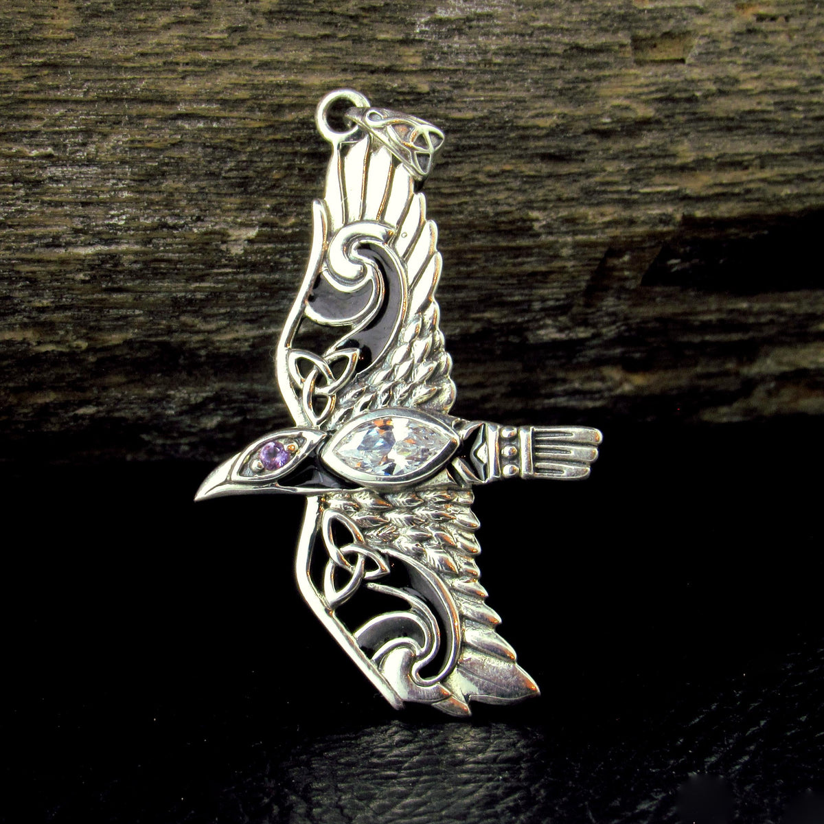 Solid 925 Sterling Silver Raven Pendant in Flight, Celtic Knot Bird with Faceted Gemstone – Amethyst Garnet Moonstone or Topaz