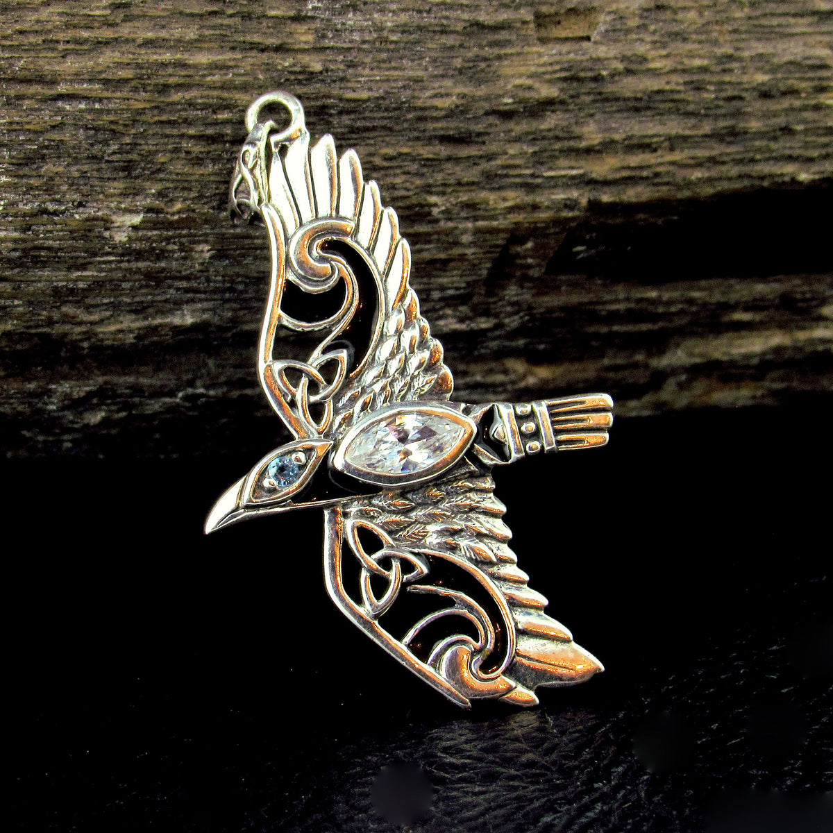 Solid 925 Sterling Silver Raven Pendant in Flight, Celtic Knot Bird with Faceted Gemstone – Amethyst Garnet Moonstone or Topaz