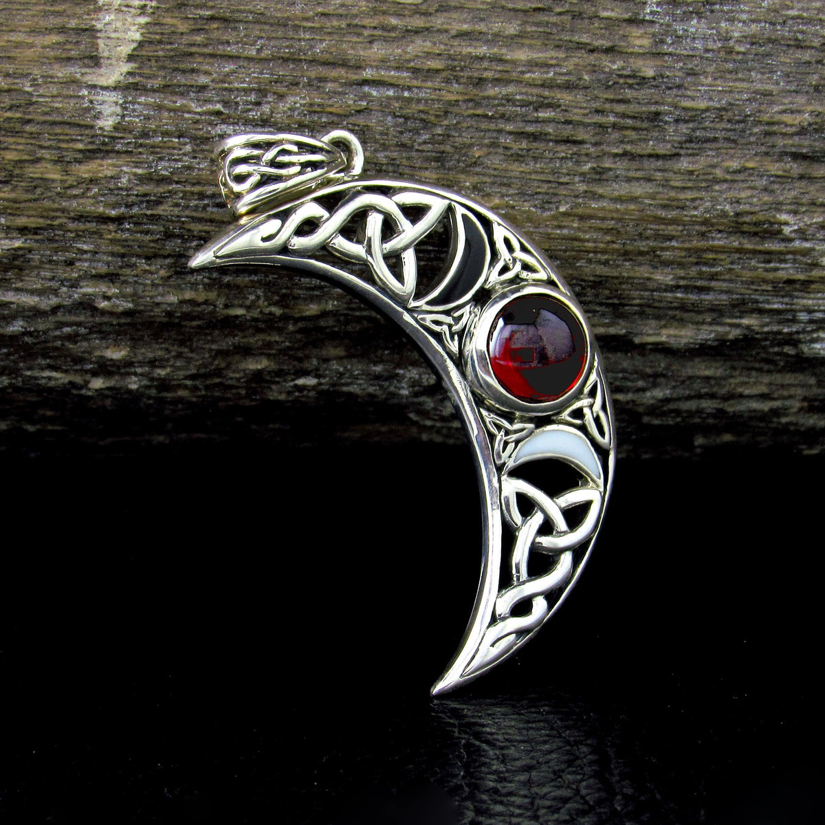 Solid 925 Sterling Silver Celtic Blue Moon Crescent Pendant – Triple Moon Goddess with Gemstone