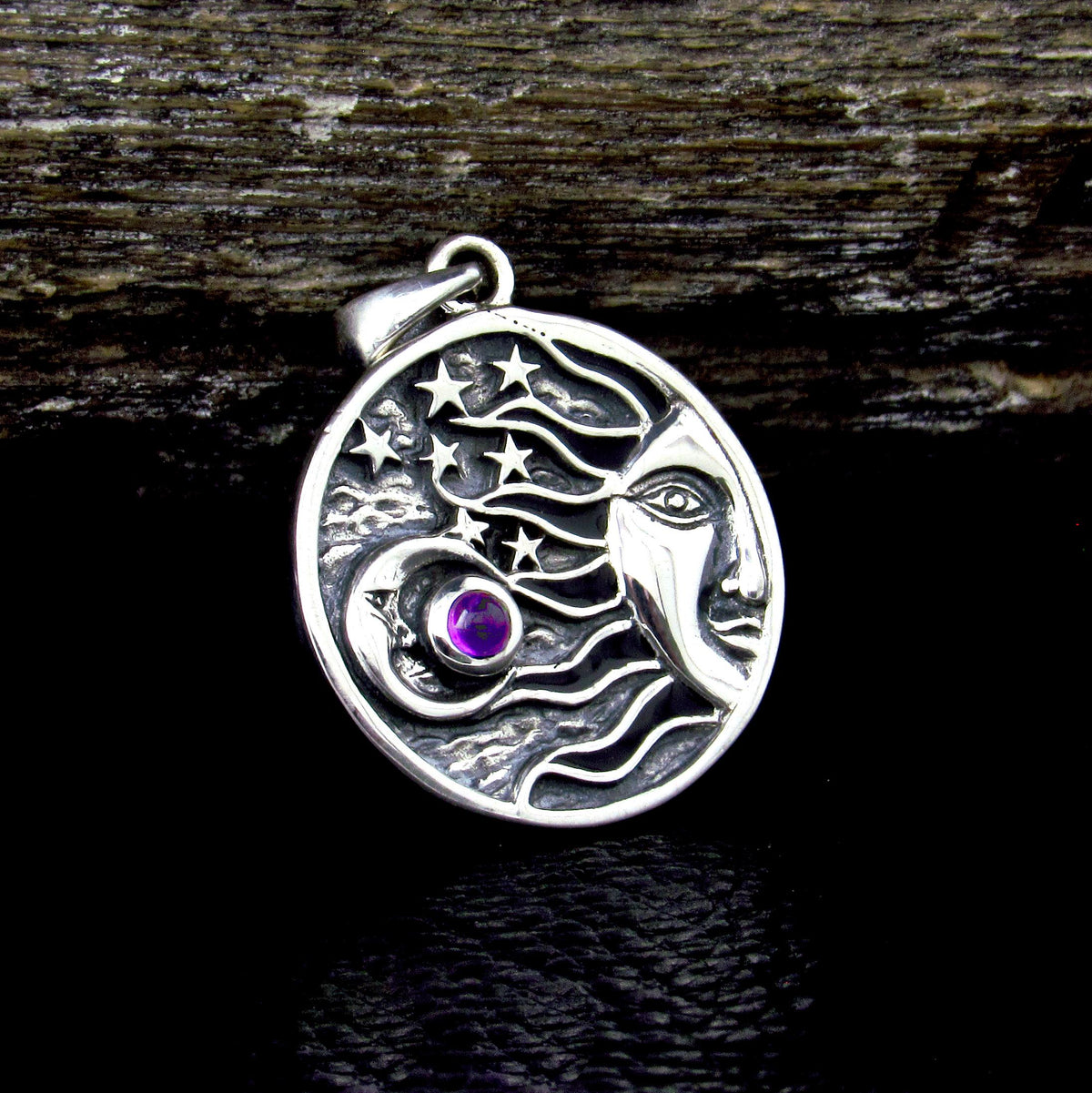 Solid 925 Sterling Silver Celestial Sun Moon Stars Pendant – Crescent Moon with Gemstone