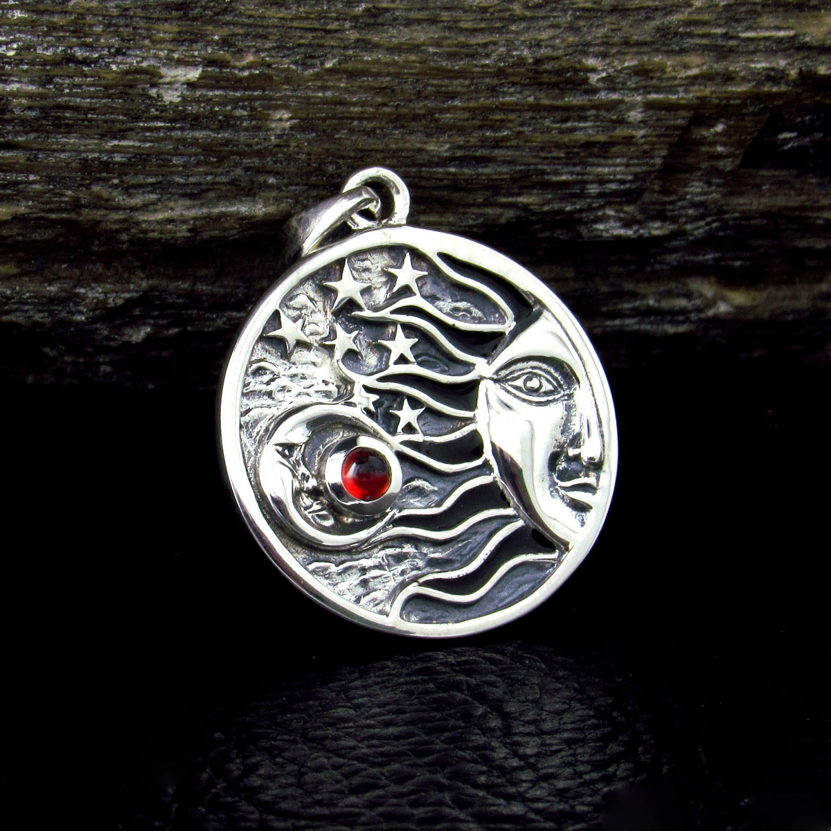 Solid 925 Sterling Silver Celestial Sun Moon Stars Pendant – Crescent Moon with Gemstone