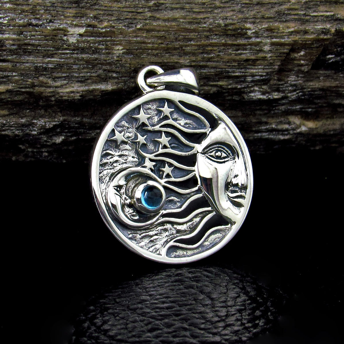 Solid 925 Sterling Silver Celestial Sun Moon Stars Pendant – Crescent Moon with Gemstone