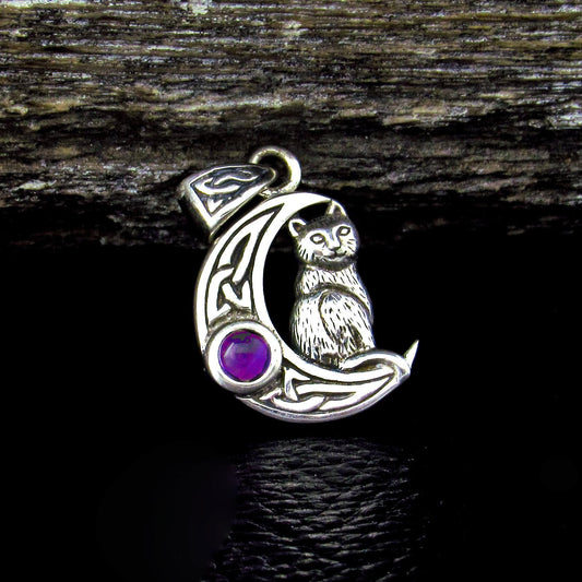 Solid 925 Sterling Silver Celtic Moon Cat Pendant – Witchy Crescent Moon Amethyst or Moonstone