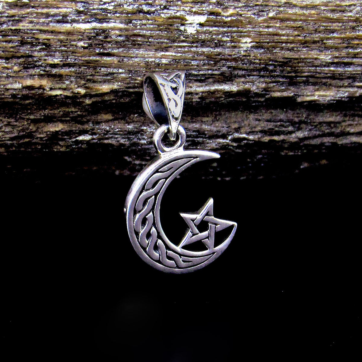 Solid 925 Sterling Silver Celtic Moon Pentacle Pendant – Crescent Moon Pagan Wiccan Talisman Charm