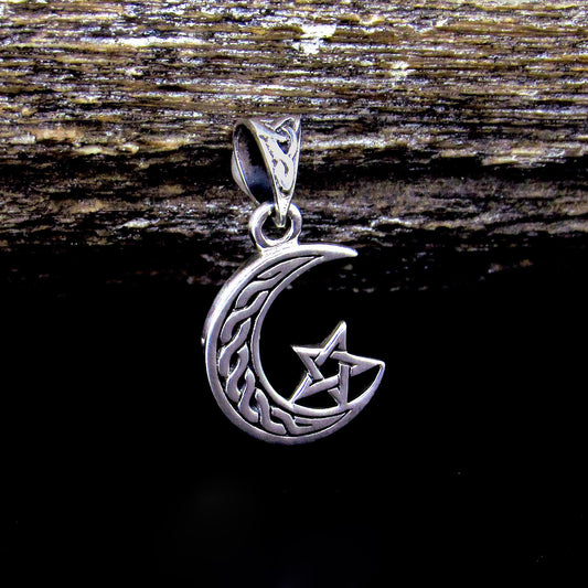 Solid 925 Sterling Silver Celtic Moon Pentacle Pendant – Crescent Moon Pagan Wiccan Talisman Charm