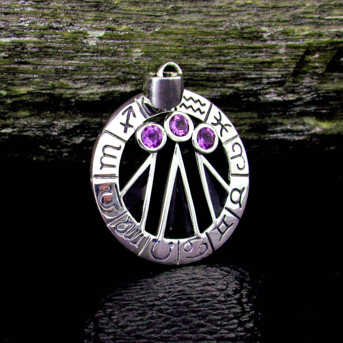 Solid 925 Sterling Silver Zodiac Wheel Awen Pendant – Druid Three Rays of Light Amulet