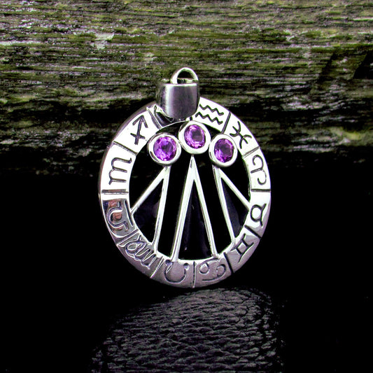 Solid 925 Sterling Silver Zodiac Wheel Awen Pendant – Druid Three Rays of Light Amulet