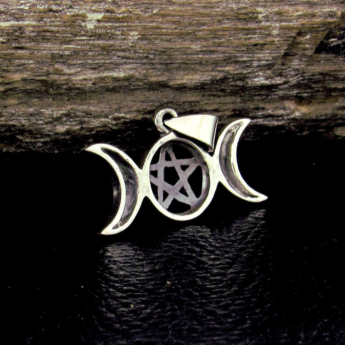 Solid 925 Sterling Silver Triple Moon Goddess Pendant with Pentagram – Moon Phases Pentacle