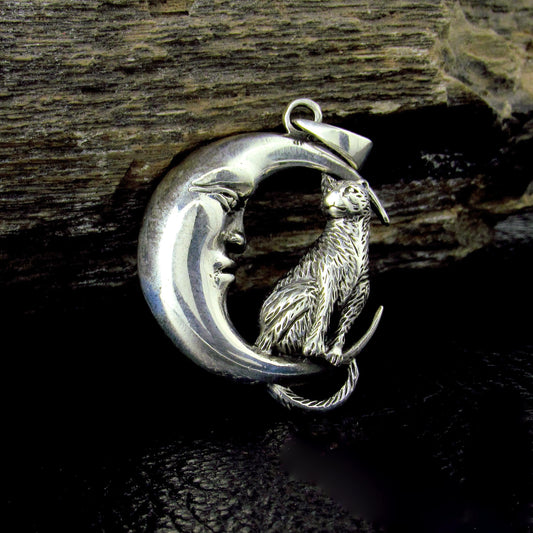 Solid 925 Sterling Silver Cat Familiar on Crescent Moon Pendant, Pagan Amulet, Witchy Jewelry