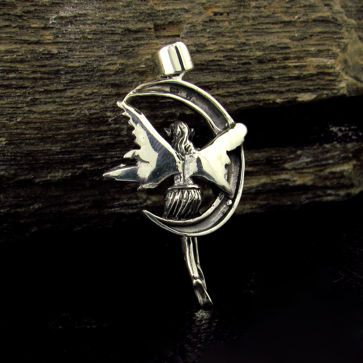 Solid 925 Sterling Silver Fairy on Crescent Moon Pendant, Magic Celestial Faerie Amulet
