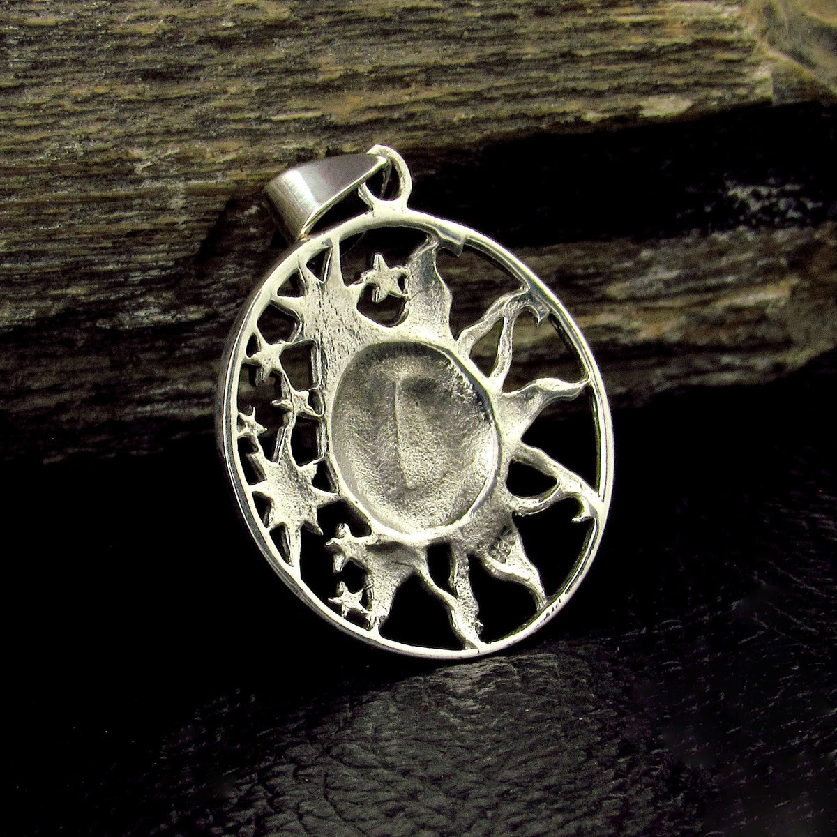 Solid 925 Sterling Silver Sun and Stars Pendant, Celestial Faces Amulet, Cosmic Talisman