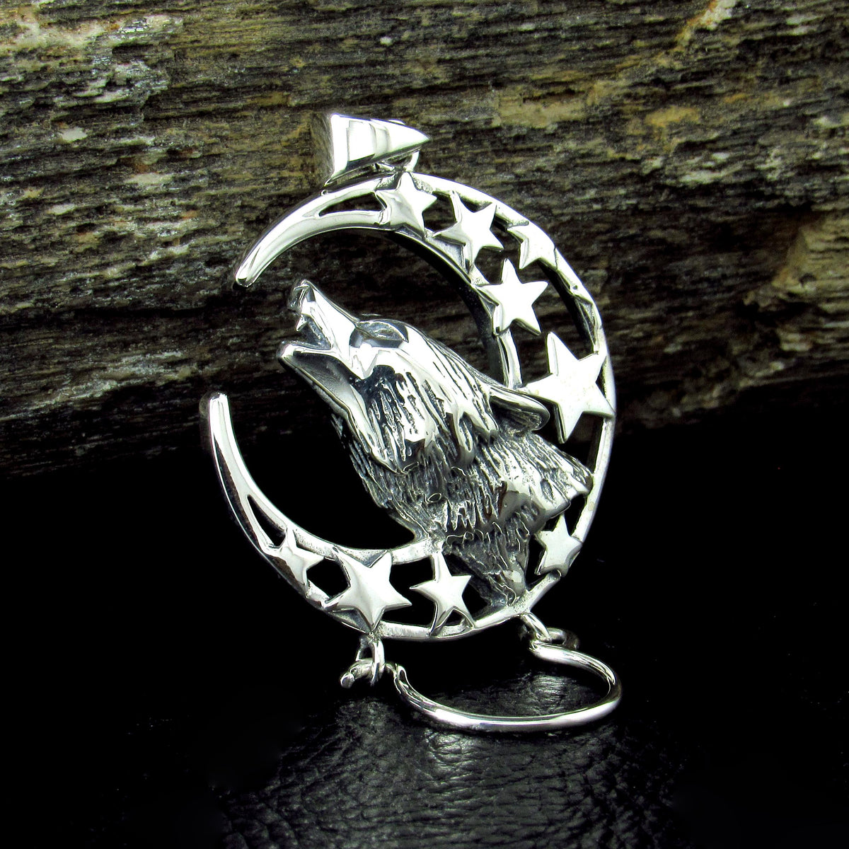 Solid 925 Sterling Silver Baying Wolf Charm Holder Pendant, Crescent Moon Star Celestial Amulet