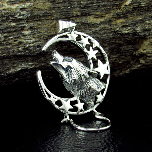 Solid 925 Sterling Silver Baying Wolf Charm Holder Pendant, Crescent Moon Star Celestial Amulet