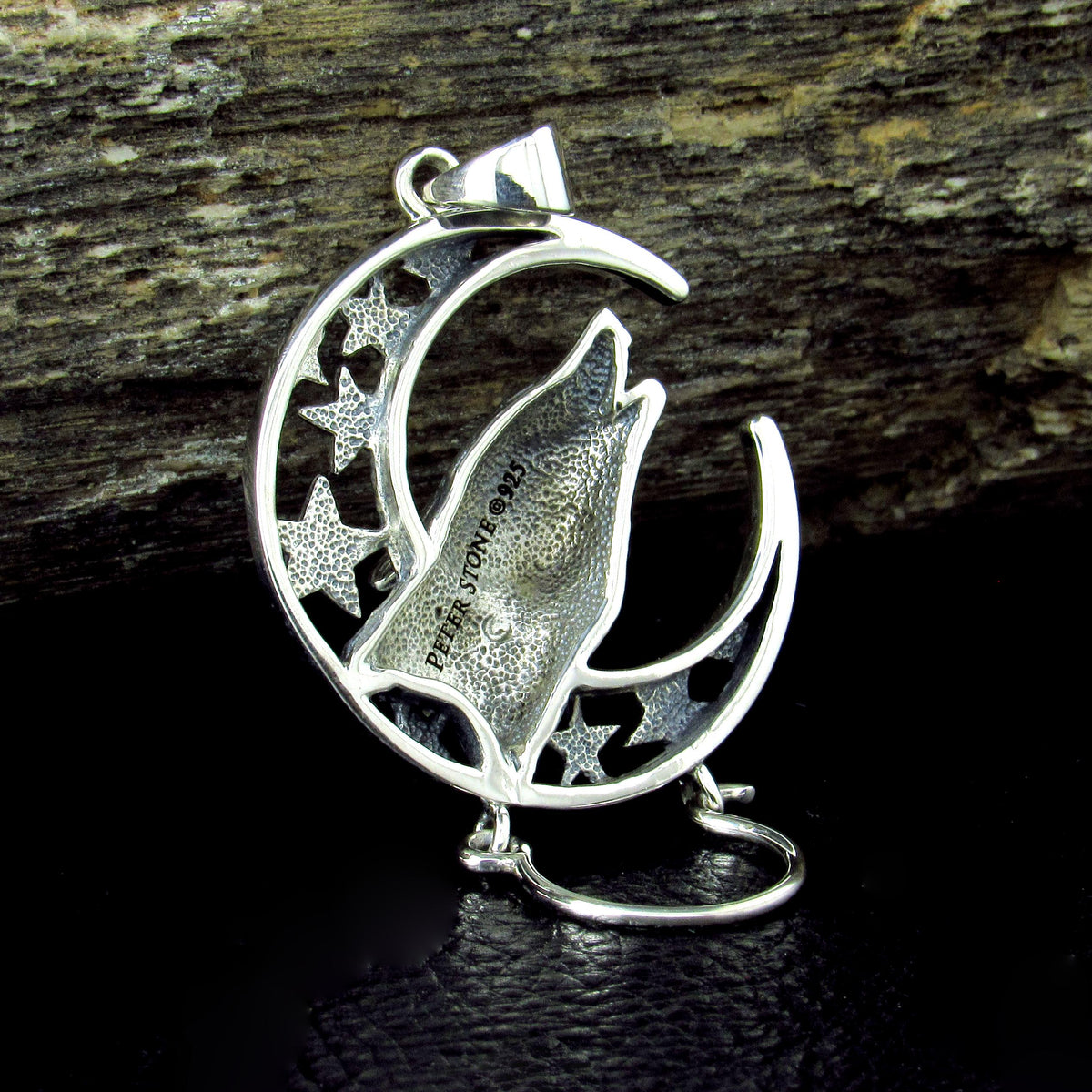 Solid 925 Sterling Silver Baying Wolf Charm Holder Pendant, Crescent Moon Star Celestial Amulet