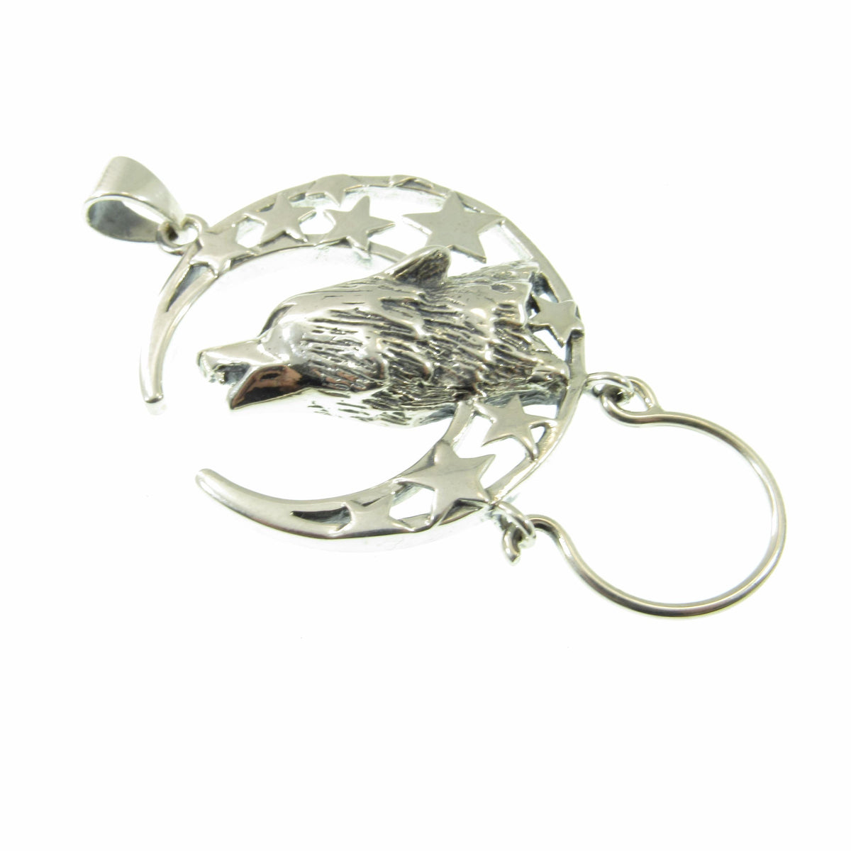 Solid 925 Sterling Silver Baying Wolf Charm Holder Pendant, Crescent Moon Star Celestial Amulet