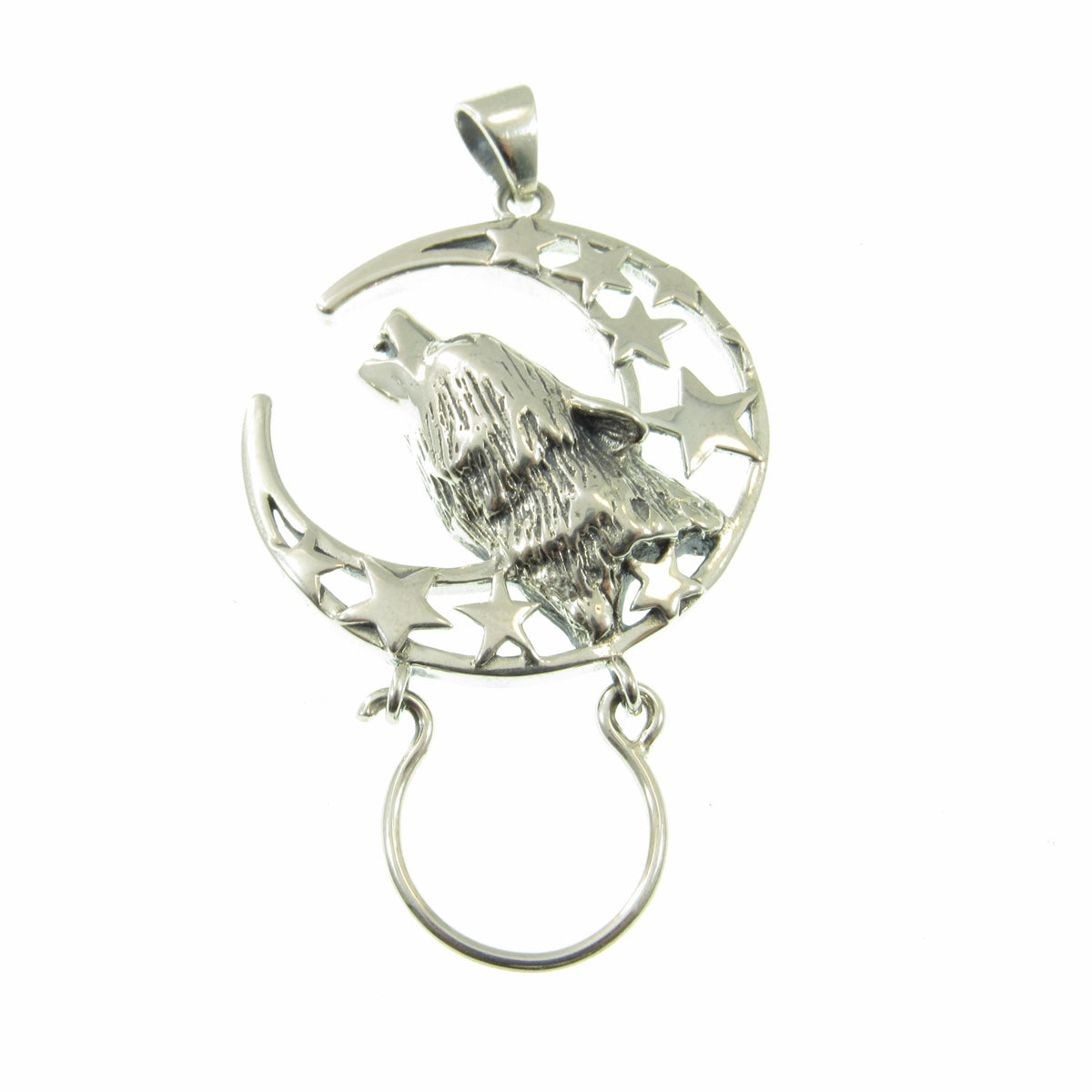 Solid 925 Sterling Silver Baying Wolf Charm Holder Pendant, Crescent Moon Star Celestial Amulet