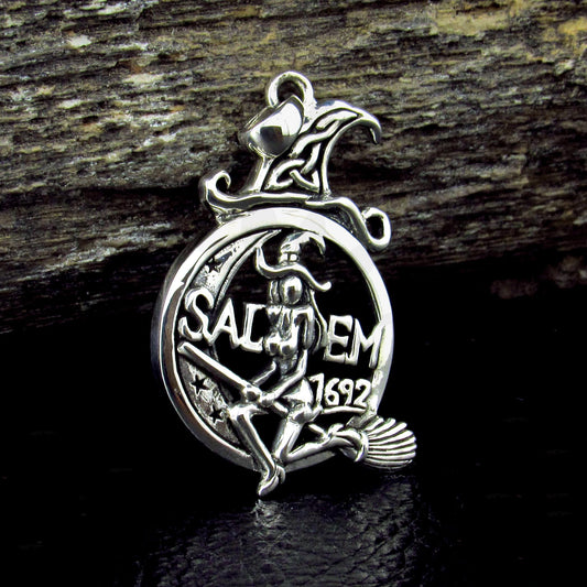 Solid 925 Sterling Silver Salem 1692 Witch Pendant, Broom Riding Witchcraft Amulet