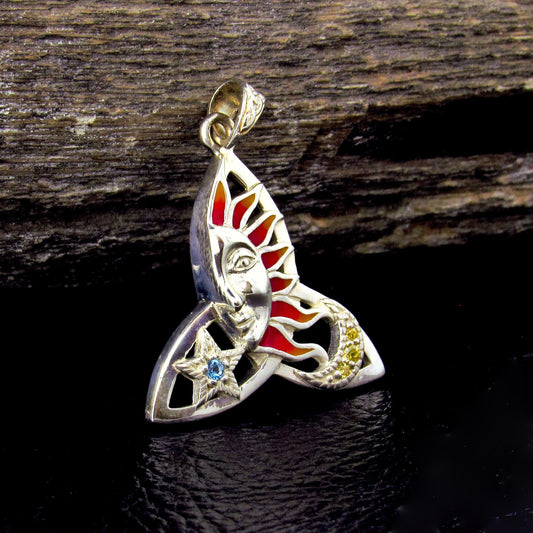 Solid 925 Sterling Silver Sun Moon Celtic Trinity Pendant – Red Enamel Solar Talisman