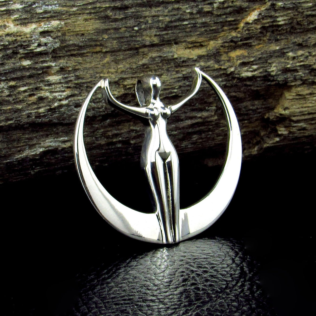 Solid 925 Sterling Silver Moon Goddess Pendant, Art Deco Crescent Moon Divine Feminine Amulet