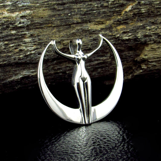 Solid 925 Sterling Silver Moon Goddess Pendant, Art Deco Crescent Moon Divine Feminine Amulet