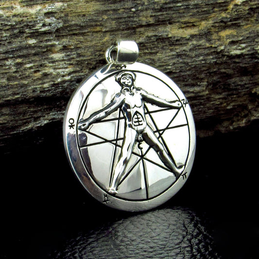 Solid 925 Sterling Silver Vitruvian Man Pentacle Pendant Sacred Geometry Occult Talisman
