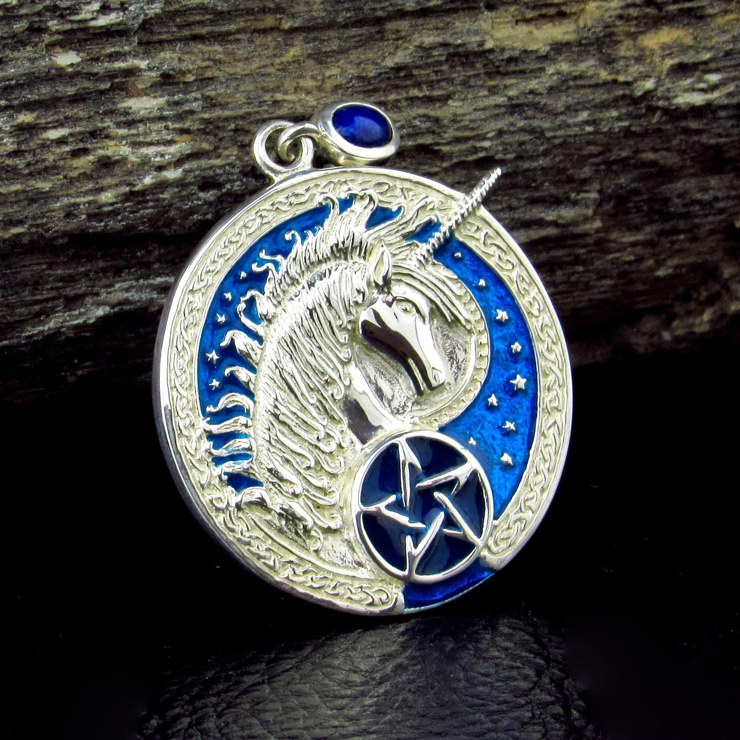 Solid 925 Sterling Silver Celtic Unicorn Pentacle Pendant, Blue Enamel & Sapphire Pagan Amulet