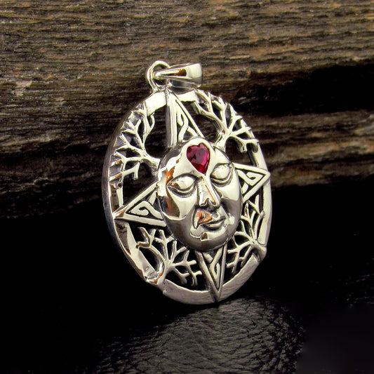 Solid 925 Sterling Silver Winter Sun Face Pendant with Ruby Heart, Celtic Knot Snowflakes