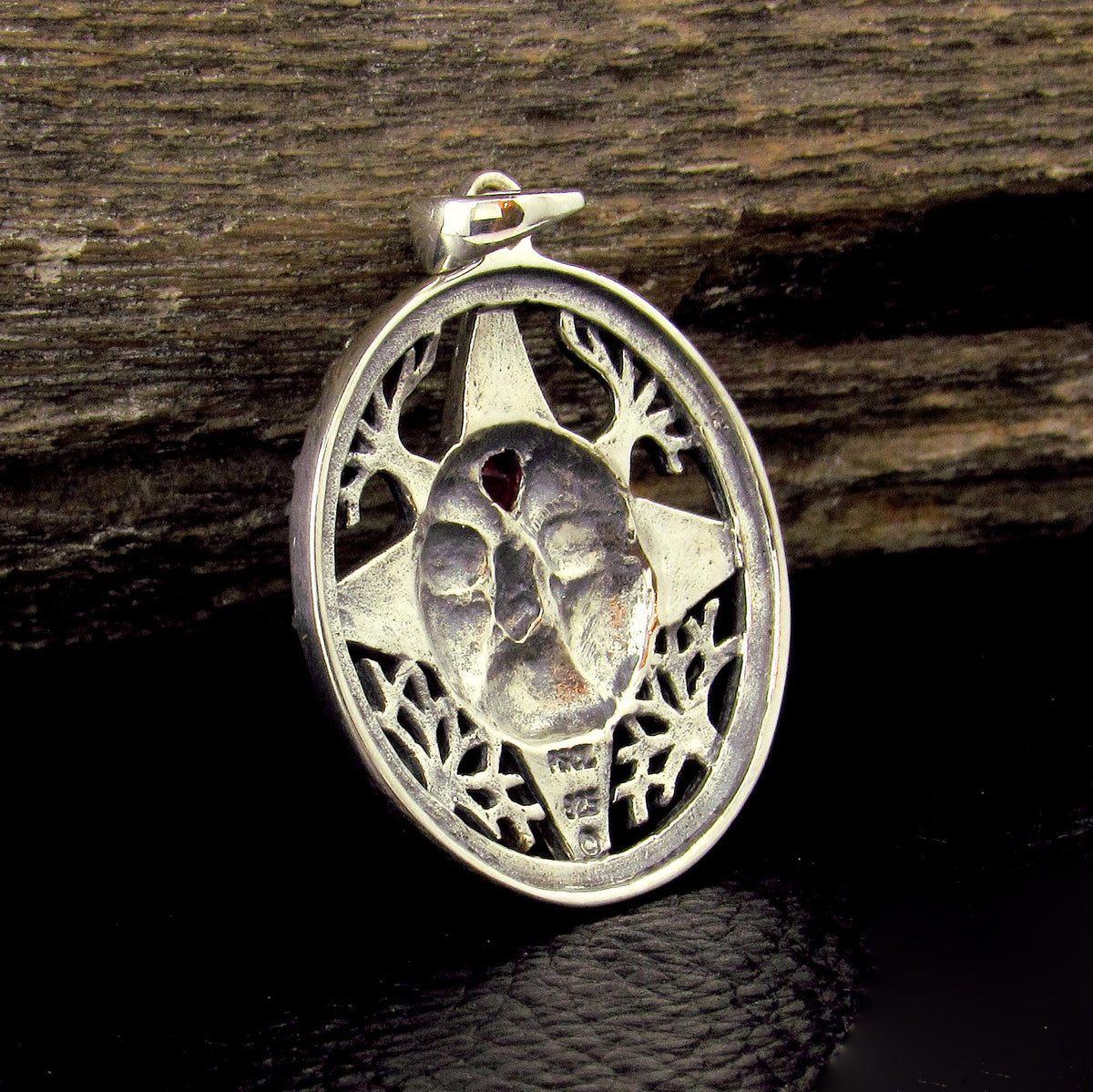 Solid 925 Sterling Silver Winter Sun Face Pendant with Ruby Heart, Celtic Knot Snowflakes