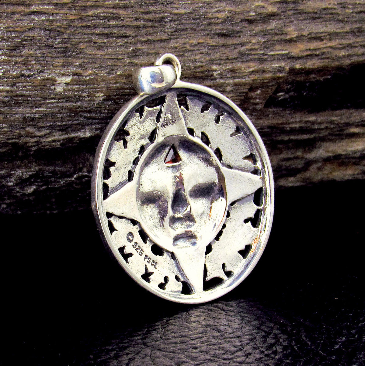 Solid 925 Sterling Silver Autumn Sun Face Pendant with Garnet, Celtic Leaf Solar Talisman