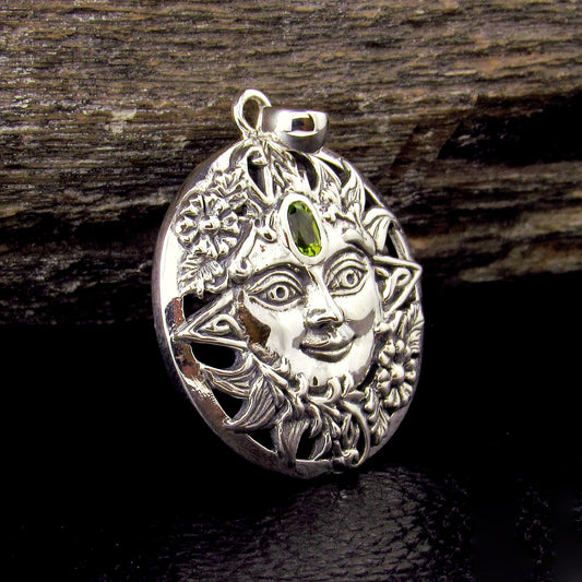 Solid 925 Sterling Silver Spring Sun Face Pendant with Peridot, Floral Solar Talisman