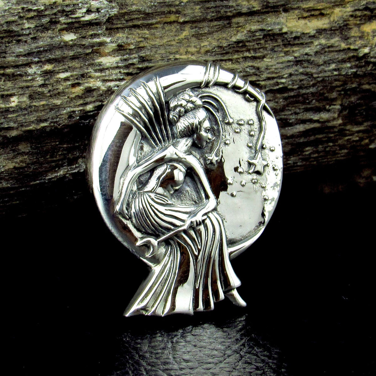 Solid 925 Sterling Silver Moon Fairy Pendant, Art Deco Star Goddess, Celestial Witch Jewelry