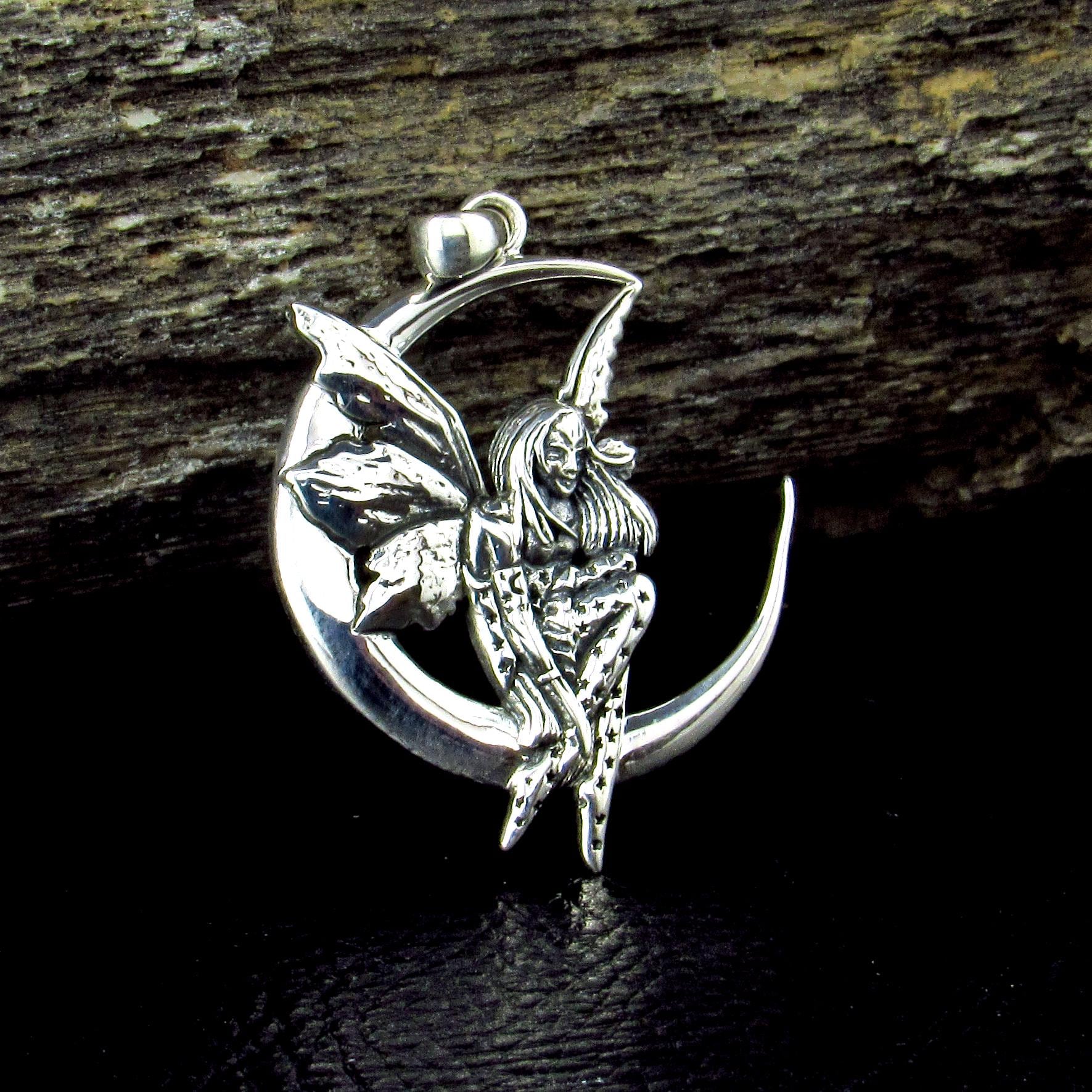 Solid 925 Sterling Silver Moon Fairy Pendant by Amy Brown, Dream Fairy Celestial Jewelry