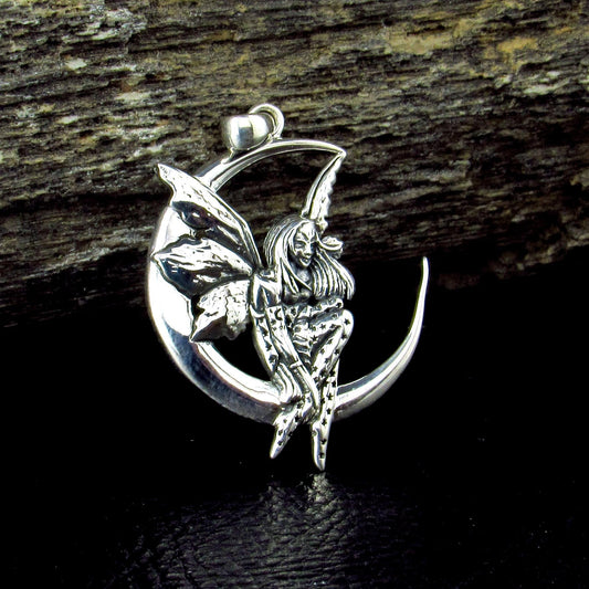 Solid 925 Sterling Silver Moon Fairy Pendant by Amy Brown, Dream Fairy Celestial Jewelry