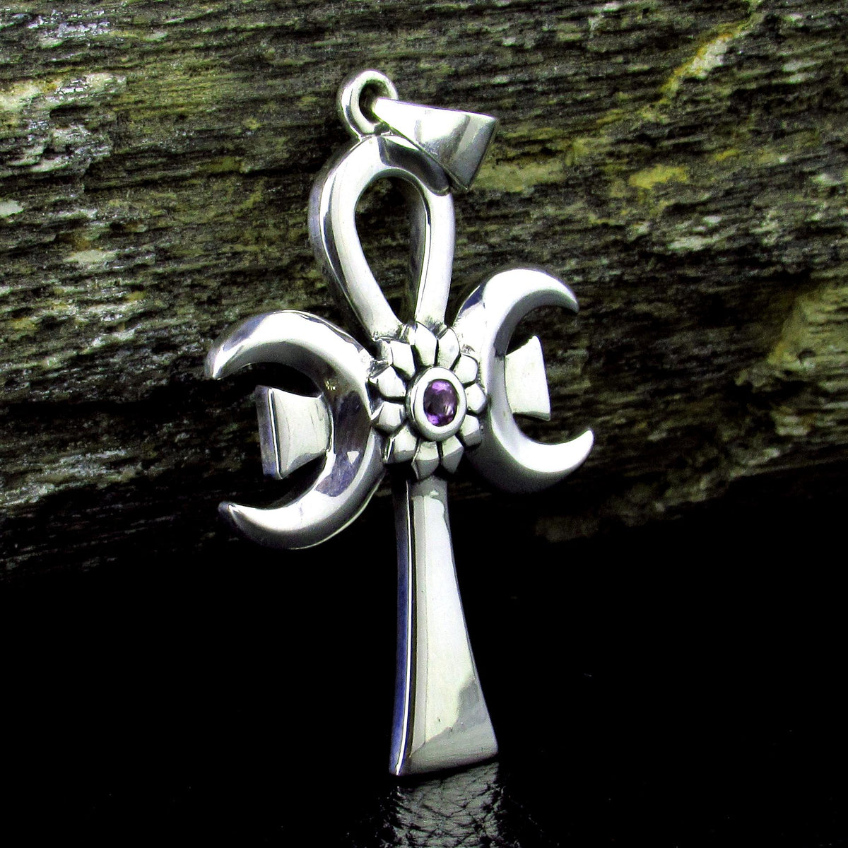 Solid 925 Sterling Silver Triple Moon Goddess Ankh, Amethyst Pendant, Egyptian Symbol