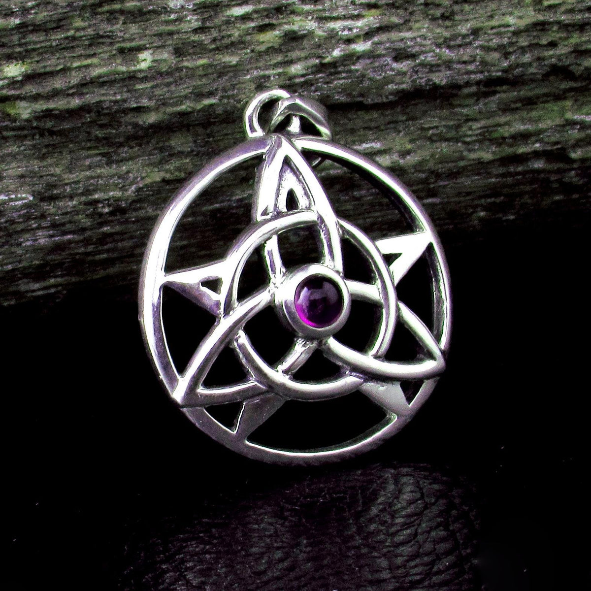 Solid 925 Sterling Silver Pentacle Pendant, Celtic Trinity Knot Gemstone Amulet, Amethyst Garnet Moonstone